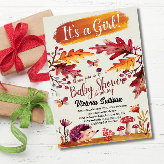 ウッドランド森林動物ハリネズミ女の子ベビーシャワー 招待状