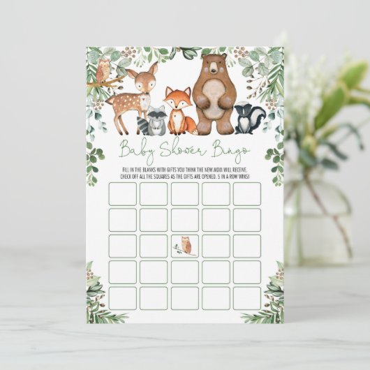 ウッドランド森林動物ビンゴ赤ちゃんシャワーゲーム 招待状 (スタンド正面)