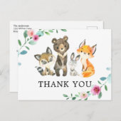 ウッドランド森林動物ピンクありがとうはがき ポストカード (正面/裏面)