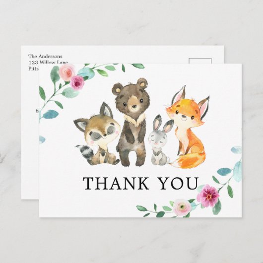 ウッドランド森林動物ピンクありがとうはがき ポストカード (正面/裏面)
