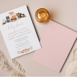 ウッドランド森林動物ピンクのフローラ赤ちゃんシャワー 招待状