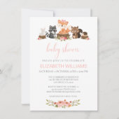 ウッドランド森林動物ピンクのフローラ赤ちゃんシャワー 招待状 (正面)