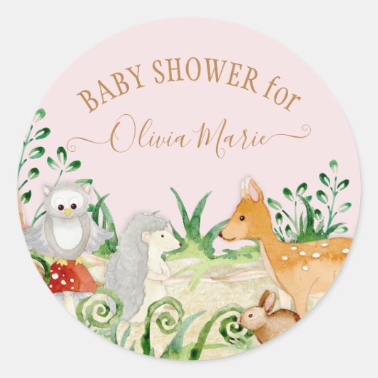 ウッドランド森林動物ピンクシカキツネフクロウの葉 ラウンドシール (正面)