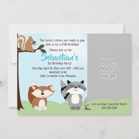 ウッドランド森林動物フォト誕生日カード 招待状 (正面)