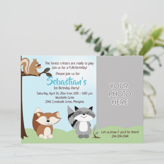ウッドランド森林動物フォト誕生日カード 招待状 (スタンド正面)