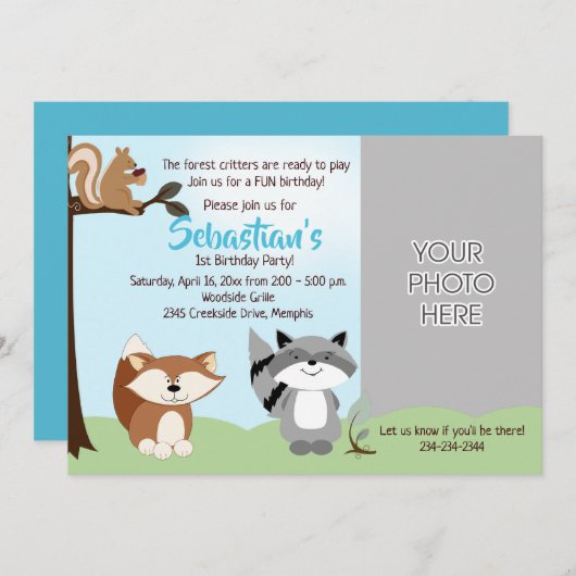 ウッドランド森林動物フォト誕生日カード 招待状 (正面/裏面)