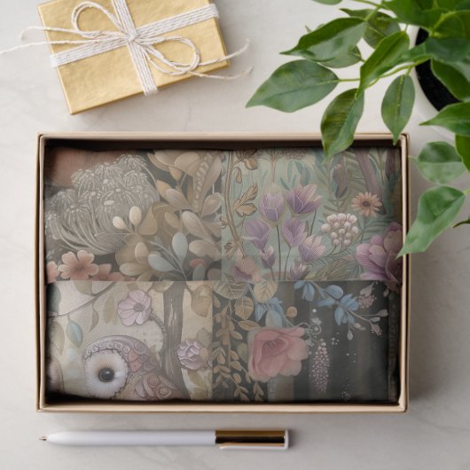 ウッドランド森林動物フローラコラージュデコップページ 薄葉紙 (ギフト)