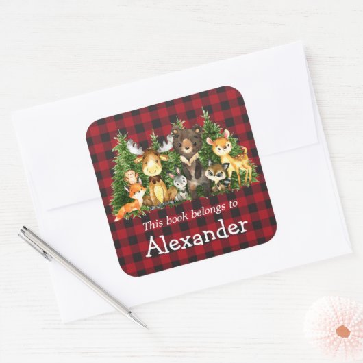 ウッドランド森林動物プレイド蔵書票ラベル スクエアシール (封筒)