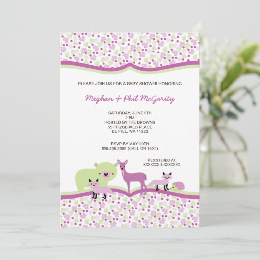 ウッドランド森林動物ベビーシャワーガール招待状 招待状 (スタンド正面)