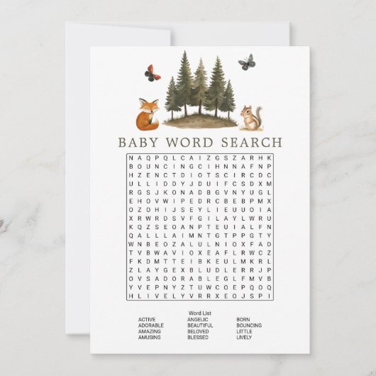 ウッドランド森林動物ベビー単語検索ゲーム 招待状 (正面)