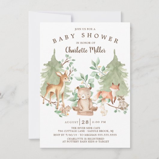 ウッドランド森林動物中性ベビーシャワー 招待状 (正面)