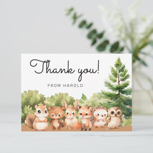 ウッドランド森林動物友達少年の赤ちゃんシャワー サンキューカード (スタンド正面)