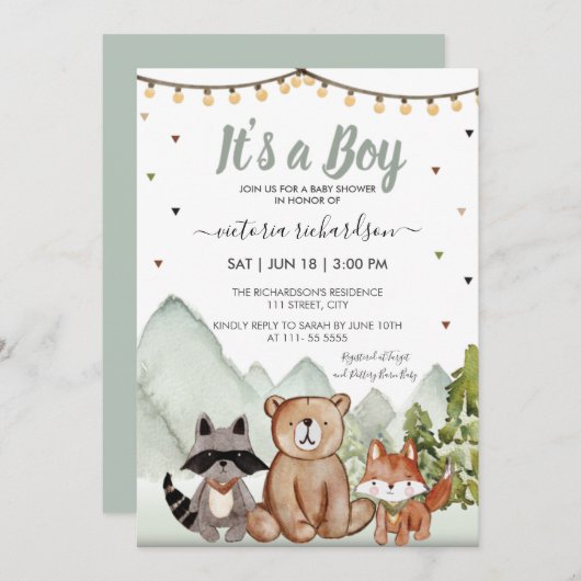 ウッドランド森林動物少年素朴 招待状 (正面/裏面)
