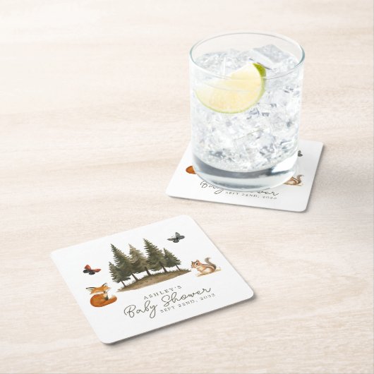 ウッドランド森林動物水彩赤ちゃんシャワー スクエアペーパーコースター (インサイチュ)