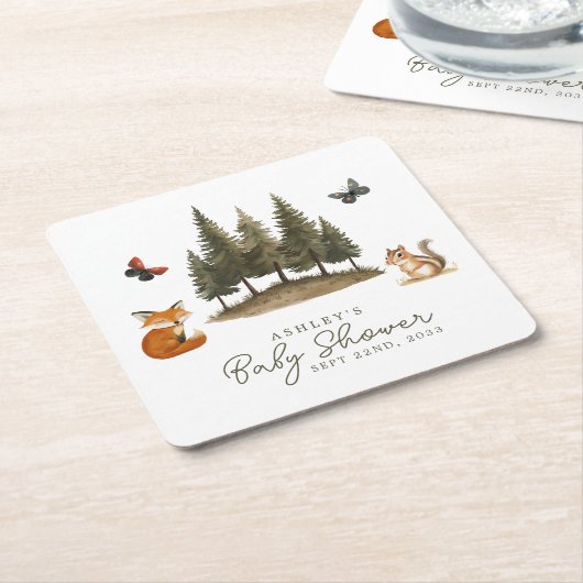 ウッドランド森林動物水彩赤ちゃんシャワー スクエアペーパーコースター (アングル)