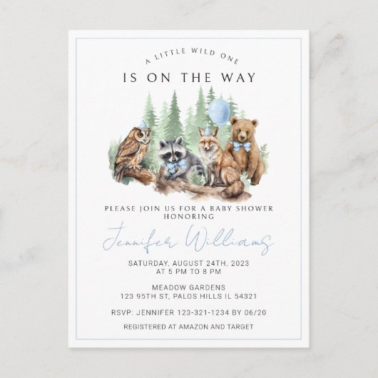 ウッドランド森林動物男の赤ちゃんのシャワーポストカード 案内ポストカード (正面)