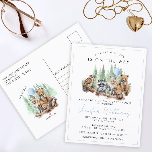 ウッドランド森林動物男の赤ちゃんのシャワーポストカード 案内ポストカード