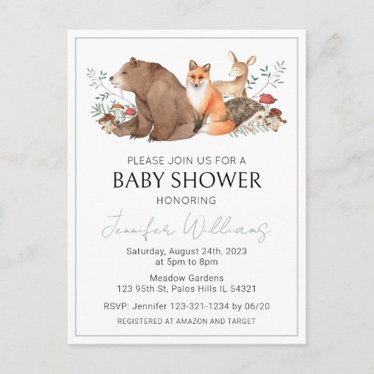 ウッドランド森林動物男の赤ちゃんのシャワーポストカード 案内ポストカード (正面)