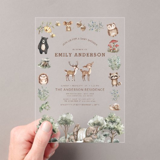 ウッドランド森林動物男女兼用赤ちゃんシャワー アクリル招待状 (インサイチュ (ポータブル))