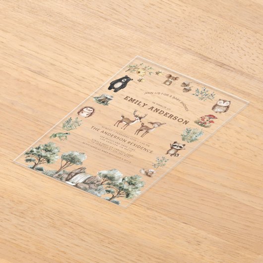 ウッドランド森林動物男女兼用赤ちゃんシャワー アクリル招待状 (レイダウン)