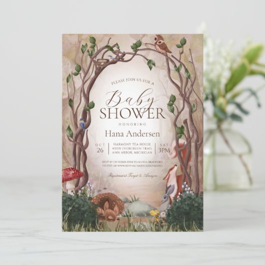 ウッドランド森林動物男女兼用赤ちゃんシャワー 招待状 (スタンド正面)