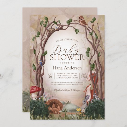 ウッドランド森林動物男女兼用赤ちゃんシャワー 招待状 (正面/裏面)