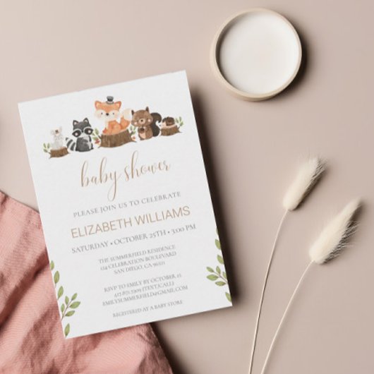 ウッドランド森林動物男女兼用赤ちゃんシャワー 招待状