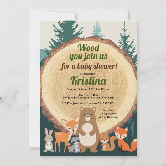 ウッドランド森林動物緑の木の赤ちゃんシャワー 招待状 (正面)