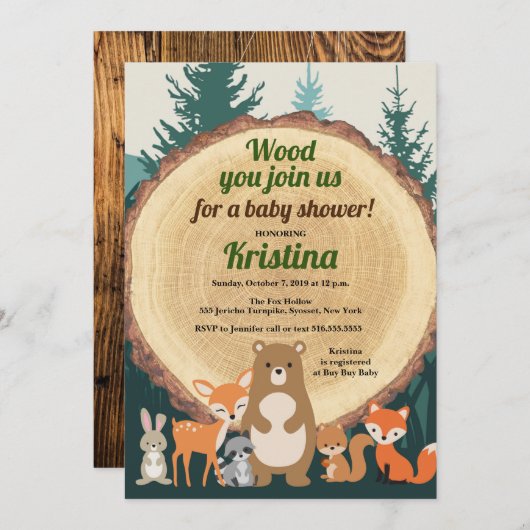 ウッドランド森林動物緑の木の赤ちゃんシャワー 招待状 (正面/裏面)
