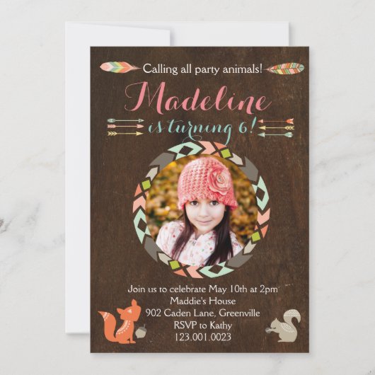 ウッドランド森林動物誕生日招待状(木材) 招待状 (正面)