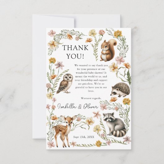 ウッドランド森林動物赤ちゃんシャワーサンキューカード 招待状 (正面)