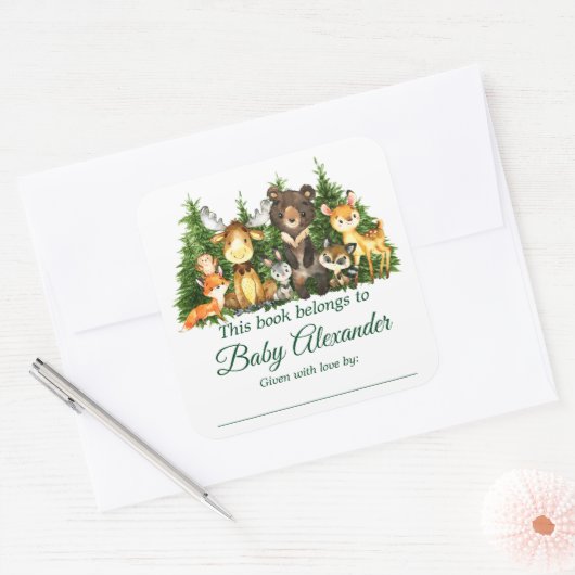 ウッドランド森林動物赤ちゃんシャワーブックラベル スクエアシール (封筒)
