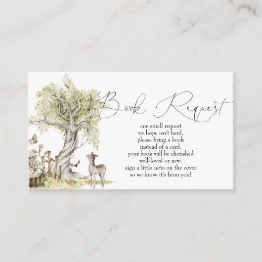 ウッドランド森林動物赤ちゃんシャワーブックリクエスト エンクロージャーカード (正面)