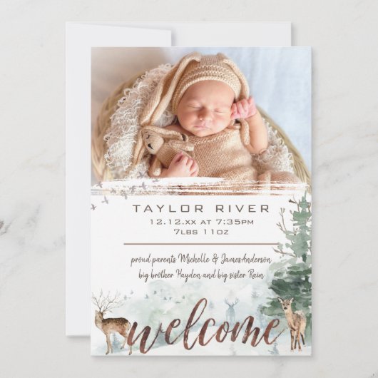 ウッドランド森林松の鹿の写真誕生発表 案内状 (正面)