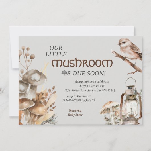ウッドランド森林水の色キノコの赤ちゃんシャワー 招待状 (正面)