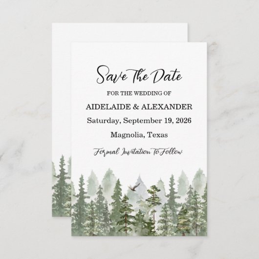 ウッドランド森林結婚写真の緑 セーブザデート (正面/裏面)