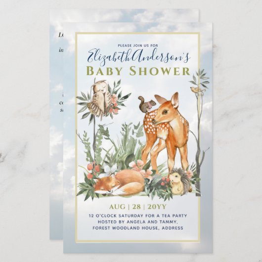 ウッドランド森林緑の野生動物の赤ちゃんシャワー (正面/裏面)