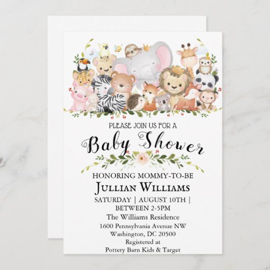 ウッドランド森林緑の野生動物の赤ちゃんシャワー 招待状 (正面/裏面)