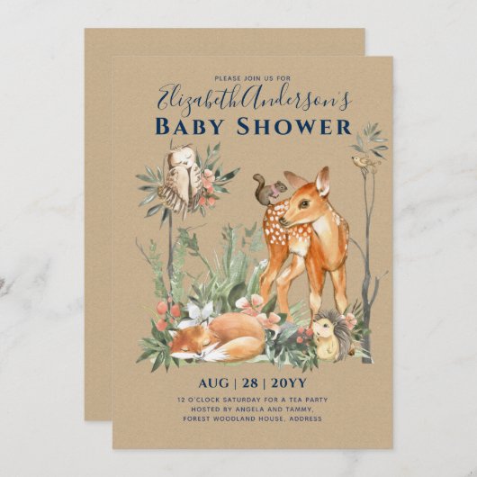 ウッドランド森林緑の野生動物の赤ちゃんシャワー 招待状 (正面/裏面)