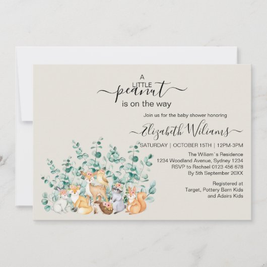 ウッドランド森林緑の野生動物の赤ちゃんシャワー 招待状 (正面)