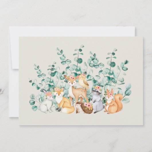 ウッドランド森林緑の野生動物の赤ちゃんシャワー 招待状 (裏面)
