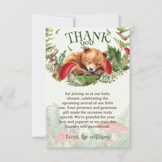 ウッドランド植物性可愛いクマ赤ちゃんシャワー サンキューカード (正面)