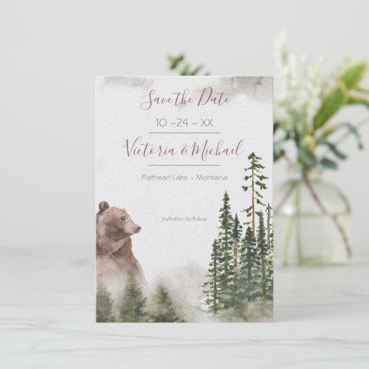 ウッドランド水彩フォレスト日付を保存 招待状 (スタンド正面)