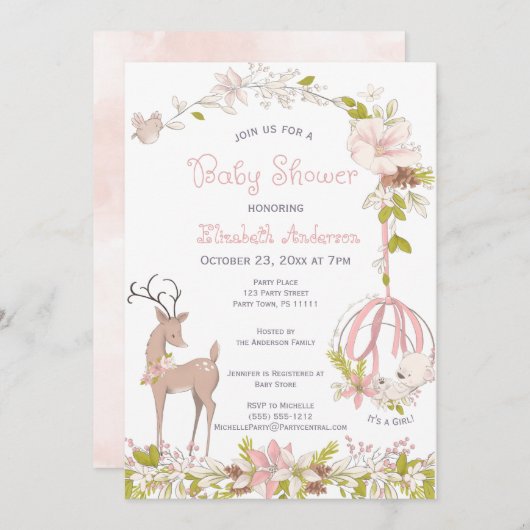 ウッドランド水彩フローラベビーガールシャワー 招待状 (正面/裏面)