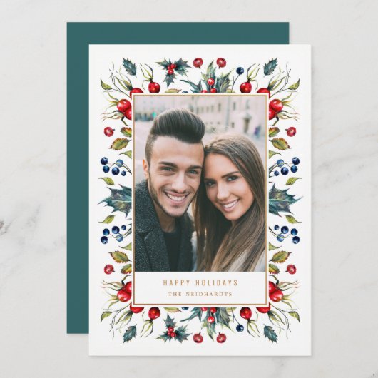 ウッドランド水彩ベリーフレームクリスマス写真 シーズンカード (正面/裏面)