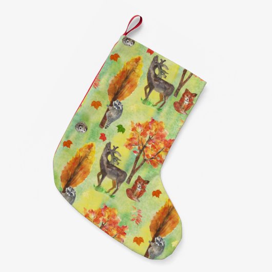 ウッドランド水彩動物 スモールクリスマスストッキング (正面 (吊り時))