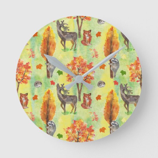 ウッドランド水彩動物 ラウンド壁時計 (正面)