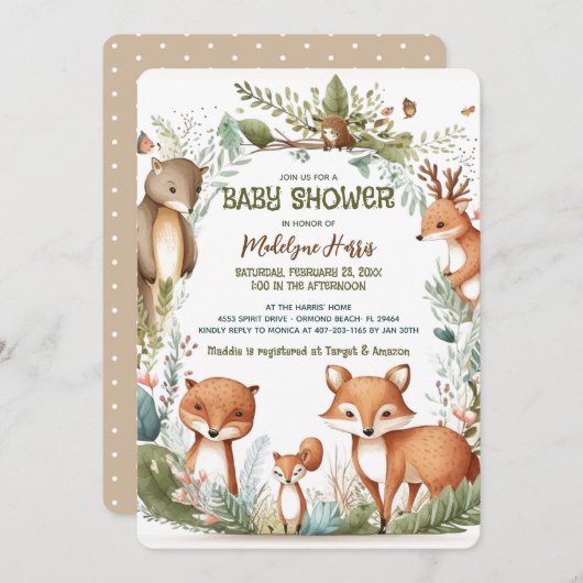 ウッドランド水彩赤男女兼用ちゃんシャワー 招待状 (正面/裏面)