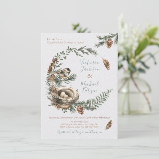 ウッドランド水色の鳥の巣のリース赤ちゃんシャワー 招待状 (スタンド正面)