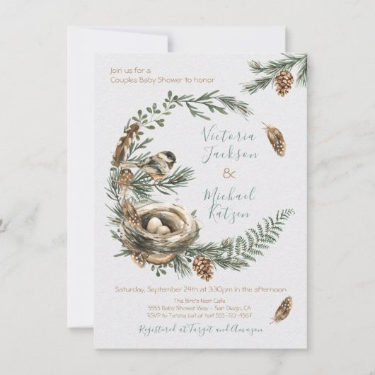ウッドランド水色の鳥の巣のリース赤ちゃんシャワー 招待状 (正面)